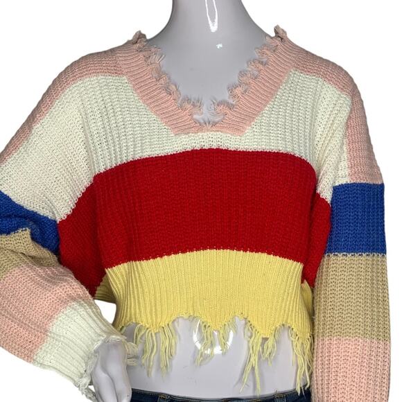 Crop Top Sweater Color Block Red Blue White Yellow Pink V-Neck Size S - Picture 4 of 9